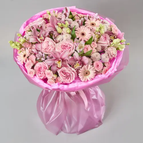 Букет из орхидей, роз, гербер и эустомы