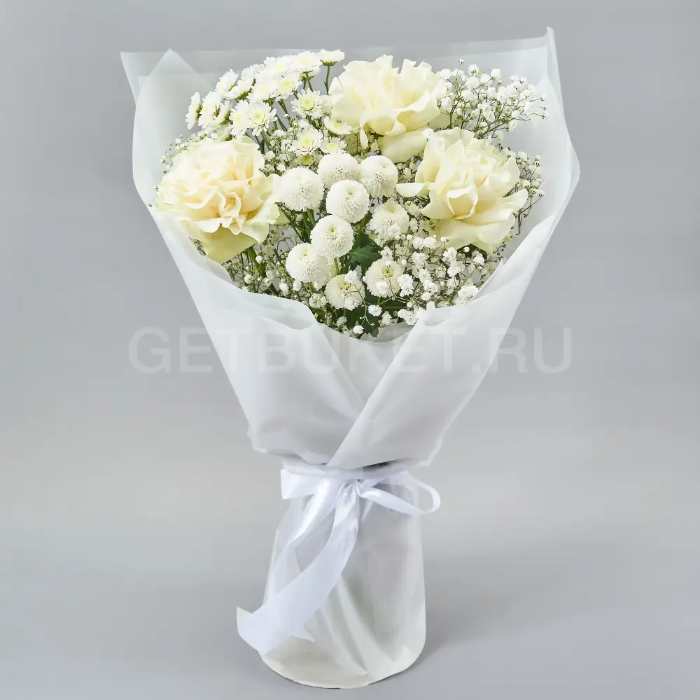 219271 Букет белых роз, хризантем и гипсофилы