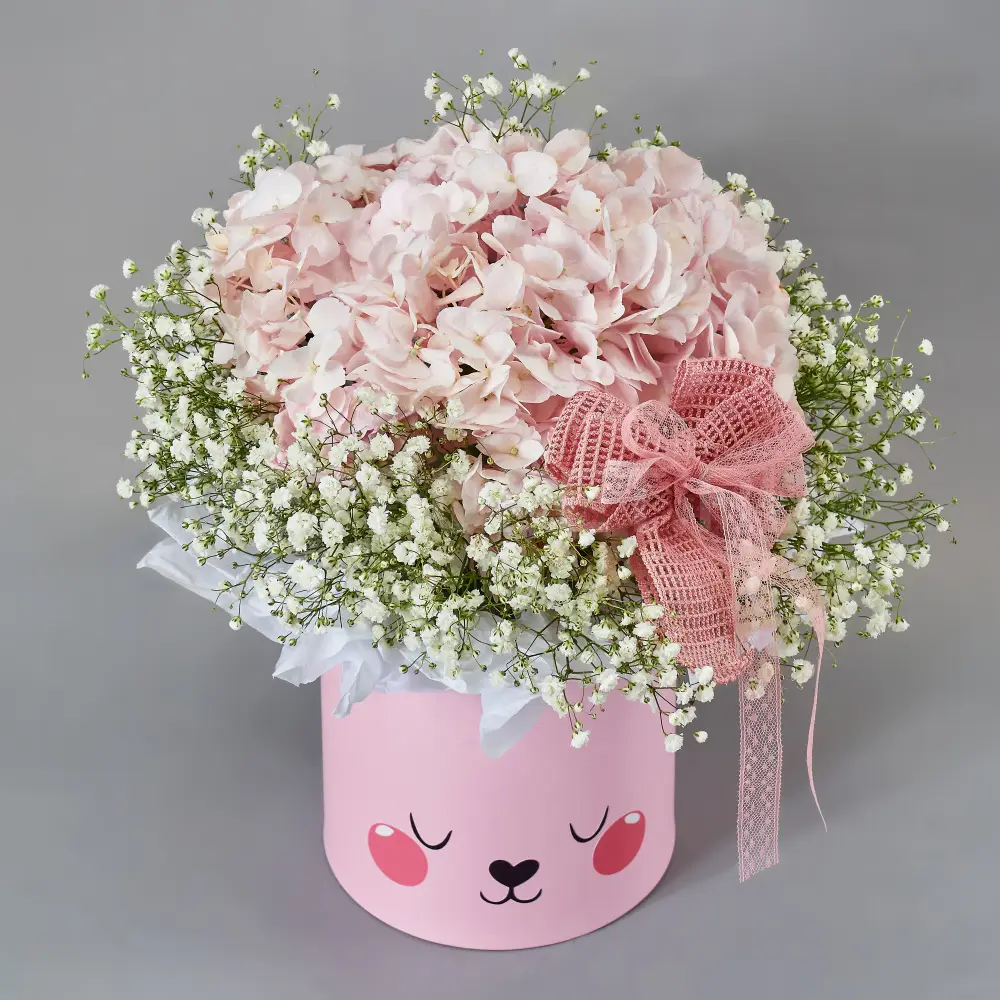 219277 Детская композиция из гортензии и гипсофилы в шляпной коробке