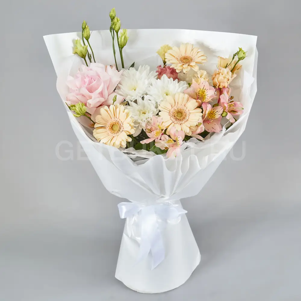 219273 Букет из хризантем, гербер и эустомы с альстромерией 